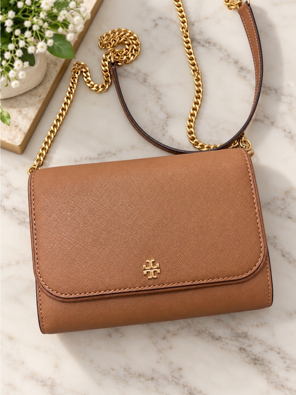 Tory Burch Tan Saffiano Leather Chain Crossbody with Gold Hardware